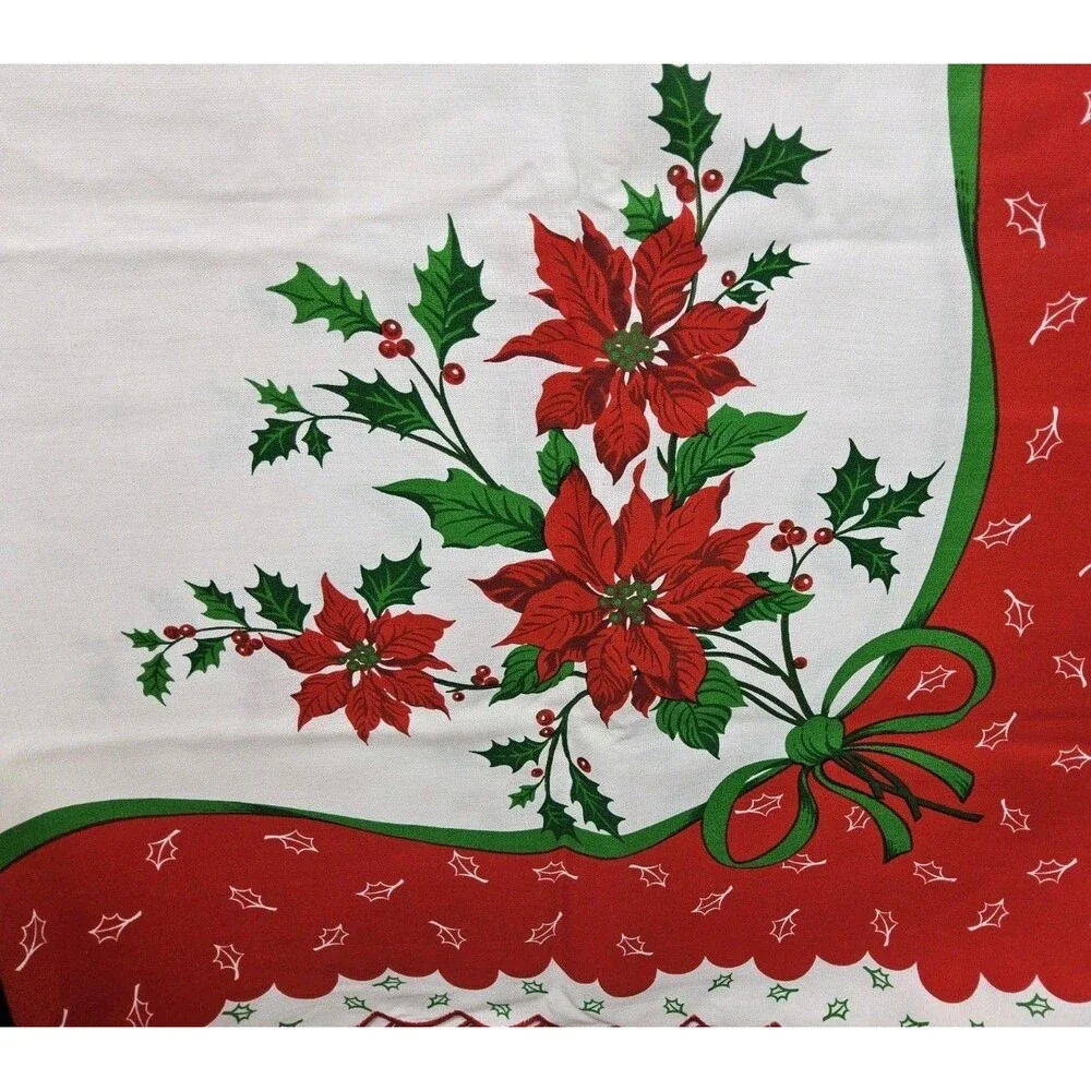 Vintage Christmas Fabric Poinsettia Tablecloth